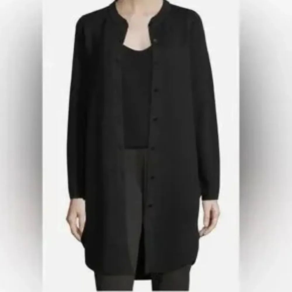 Eileen Fisher 100% Merino Wool Black Snap Front Tunic Cardigan Sweater